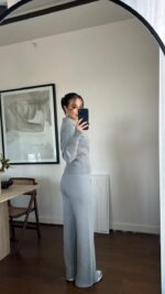 Женский Базовый Трикотажный Серый Костюм - Кофта Поло + Свободные Штаны