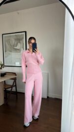 Женский Базовый Трикотажный Розовый Костюм - Кофта Поло + Свободные Штаны