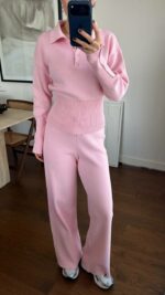 Женский Базовый Трикотажный Розовый Костюм - Кофта Поло + Свободные Штаны