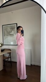 Женский Базовый Трикотажный Розовый Костюм - Кофта Поло + Свободные Штаны