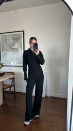 Женский Базовый Трикотажный Черный Костюм - Кофта Поло + Свободные Штаны