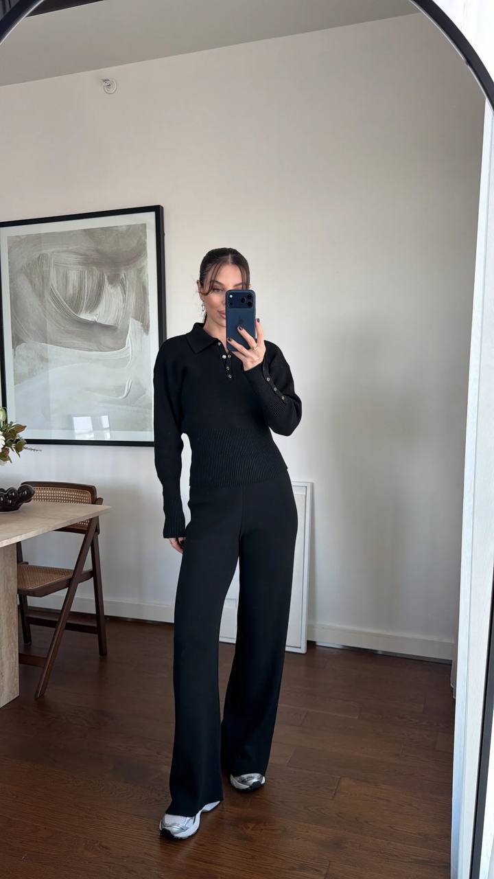 photo_2026-01-12_08-25-44 Женский Базовый Трикотажный Черный Костюм - Кофта Поло + Свободные Штаны