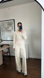 Женский Базовый Трикотажный Кремовый Костюм - Кофта Поло + Свободные Штаны