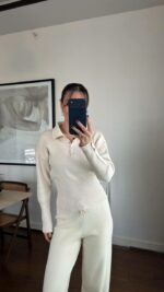 Женский Базовый Трикотажный Кремовый Костюм - Кофта Поло + Свободные Штаны