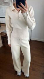 Женский Базовый Трикотажный Кремовый Костюм - Кофта Поло + Свободные Штаны