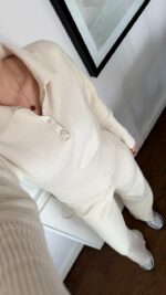 Женский Базовый Трикотажный Кремовый Костюм - Кофта Поло + Свободные Штаны