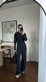 Женский Базовый Трикотажный Графитовый Костюм - Кофта Поло + Свободные Штаны