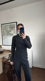 Женский Базовый Трикотажный Графитовый Костюм - Кофта Поло + Свободные Штаны