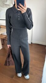 Женский Базовый Трикотажный Графитовый Костюм - Кофта Поло + Свободные Штаны