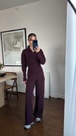 Женский Базовый Трикотажный Шоколадный Костюм - Кофта Поло + Свободные Штаны