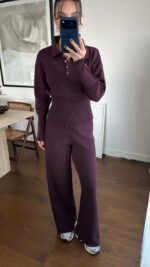 Женский Базовый Трикотажный Шоколадный Костюм - Кофта Поло + Свободные Штаны