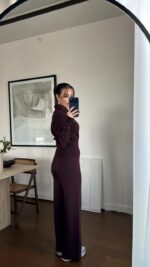 Женский Базовый Трикотажный Шоколадный Костюм - Кофта Поло + Свободные Штаны