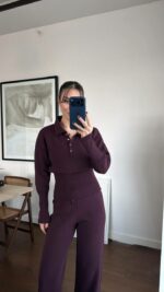 Женский Базовый Трикотажный Шоколадный Костюм - Кофта Поло + Свободные Штаны