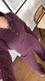 Женский Базовый Трикотажный Шоколадный Костюм - Кофта Поло + Свободные Штаны