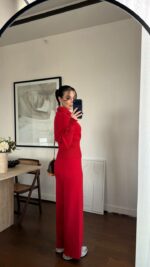 Женский Базовый Трикотажный Красный Костюм - Кофта Поло + Свободные Штаны