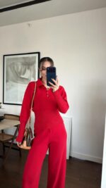 Женский Базовый Трикотажный Красный Костюм - Кофта Поло + Свободные Штаны