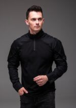 Мужская Тактическая Черная Кофта под Горло с Коротким Замком и Накладными Карманами на Рукавах