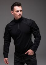 Мужская Тактическая Черная Кофта под Горло с Коротким Замком и Накладными Карманами на Рукавах