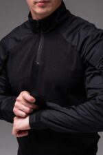 Мужская Тактическая Черная Кофта под Горло с Коротким Замком и Накладными Карманами на Рукавах