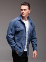 Мужская Базовая Синяя Вельветовая Рубашка Оверсайз с Накладными Карманами