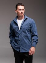 Мужская Базовая Синяя Вельветовая Рубашка Оверсайз с Накладными Карманами