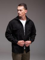 Мужская Базовая Черная Вельветовая Рубашка Оверсайз с Накладными Карманами