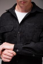 Мужская Базовая Черная Вельветовая Рубашка Оверсайз с Накладными Карманами