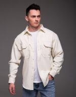 Мужская Базовая Молочная Вельветовая Рубашка Оверсайз с Накладными Карманами