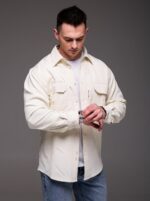 Мужская Базовая Молочная Вельветовая Рубашка Оверсайз с Накладными Карманами