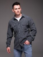 Мужская Базовая Графитовая Вельветовая Рубашка Оверсайз с Накладными Карманами