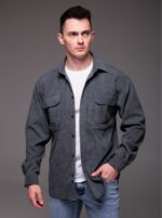 Мужская Базовая Графитовая Вельветовая Рубашка Оверсайз с Накладными Карманами