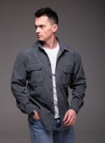 Мужская Базовая Графитовая Вельветовая Рубашка Оверсайз с Накладными Карманами