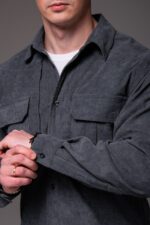 Мужская Базовая Графитовая Вельветовая Рубашка Оверсайз с Накладными Карманами