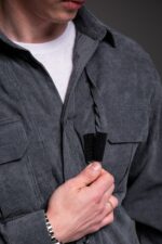 Мужская Базовая Графитовая Вельветовая Рубашка Оверсайз с Накладными Карманами