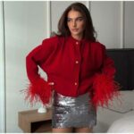 Женская Красная Кофта Кардиган с Перьями на Рукавах
