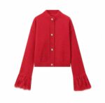 Женская Красная Кофта Кардиган с Перьями на Рукавах