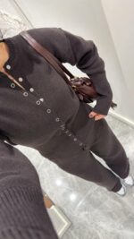 Женский Базовый Повседневный Коричневый Костюм на Кнопках - Кофта Кардиган + Свободные Штаны