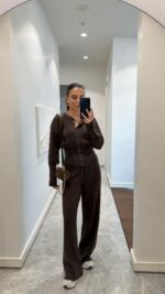 Женский Базовый Повседневный Коричневый Костюм на Кнопках - Кофта Кардиган + Свободные Штаны