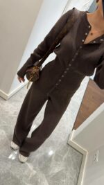 Женский Базовый Повседневный Коричневый Костюм на Кнопках - Кофта Кардиган + Свободные Штаны