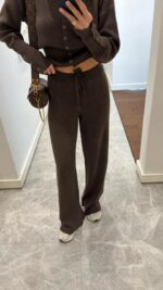 Женский Базовый Повседневный Коричневый Костюм на Кнопках - Кофта Кардиган + Свободные Штаны