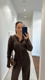 Женский Базовый Повседневный Коричневый Костюм на Кнопках - Кофта Кардиган + Свободные Штаны