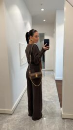 Женский Базовый Повседневный Коричневый Костюм на Кнопках - Кофта Кардиган + Свободные Штаны