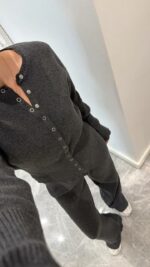 Женский Базовый Повседневный Графитовый Костюм на Кнопках - Кофта Кардиган + Свободные Штаны