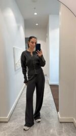 Женский Базовый Повседневный Графитовый Костюм на Кнопках - Кофта Кардиган + Свободные Штаны