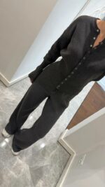 Женский Базовый Повседневный Графитовый Костюм на Кнопках - Кофта Кардиган + Свободные Штаны