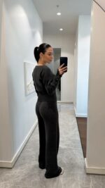 Женский Базовый Повседневный Графитовый Костюм на Кнопках - Кофта Кардиган + Свободные Штаны