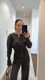 Женский Базовый Повседневный Графитовый Костюм на Кнопках - Кофта Кардиган + Свободные Штаны