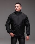 Мужская Демисезонная Черная Куртка под Горло с Прорезиненными Змейками