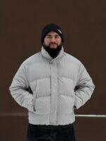 Мужская Серая Дутая Куртка на Зиму - Теплая с Высокой Горловиной