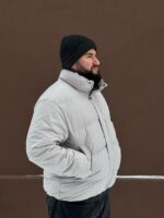 Мужская Серая Дутая Куртка на Зиму - Теплая с Высокой Горловиной